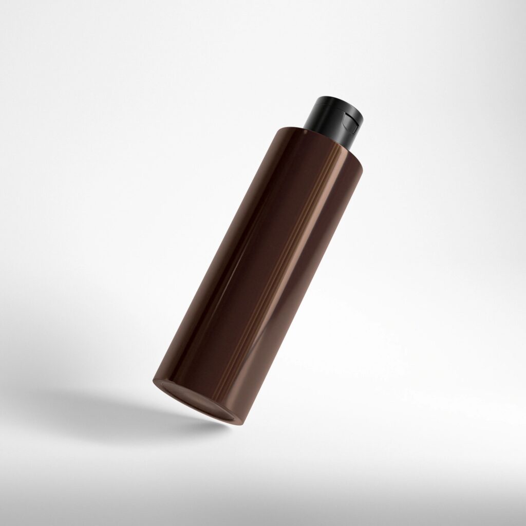 amber glass essential oil bottle, tall cylindrical flip cap closure packaging mockup, flip top cap liquid container, brown plastic squeeze bottle mockup isolate on clean background